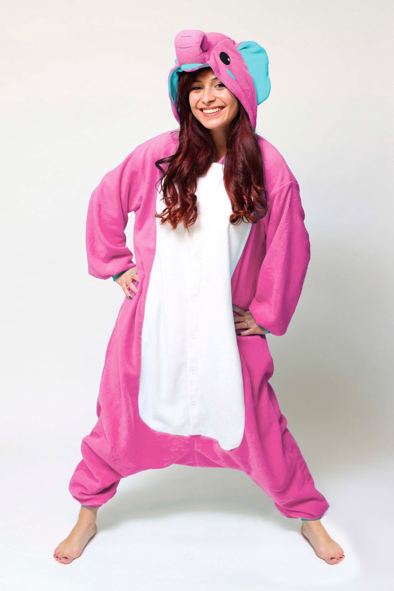 KIMU Onesie Roze Olifant Pak – Maat XS-S – Olifantenpak Kostuum Jungle 152 158 – Jumpsuit Huispak Zacht Dierenpak Pyjama Dames Heren Carnaval Carnavalspak - Afbeelding 2